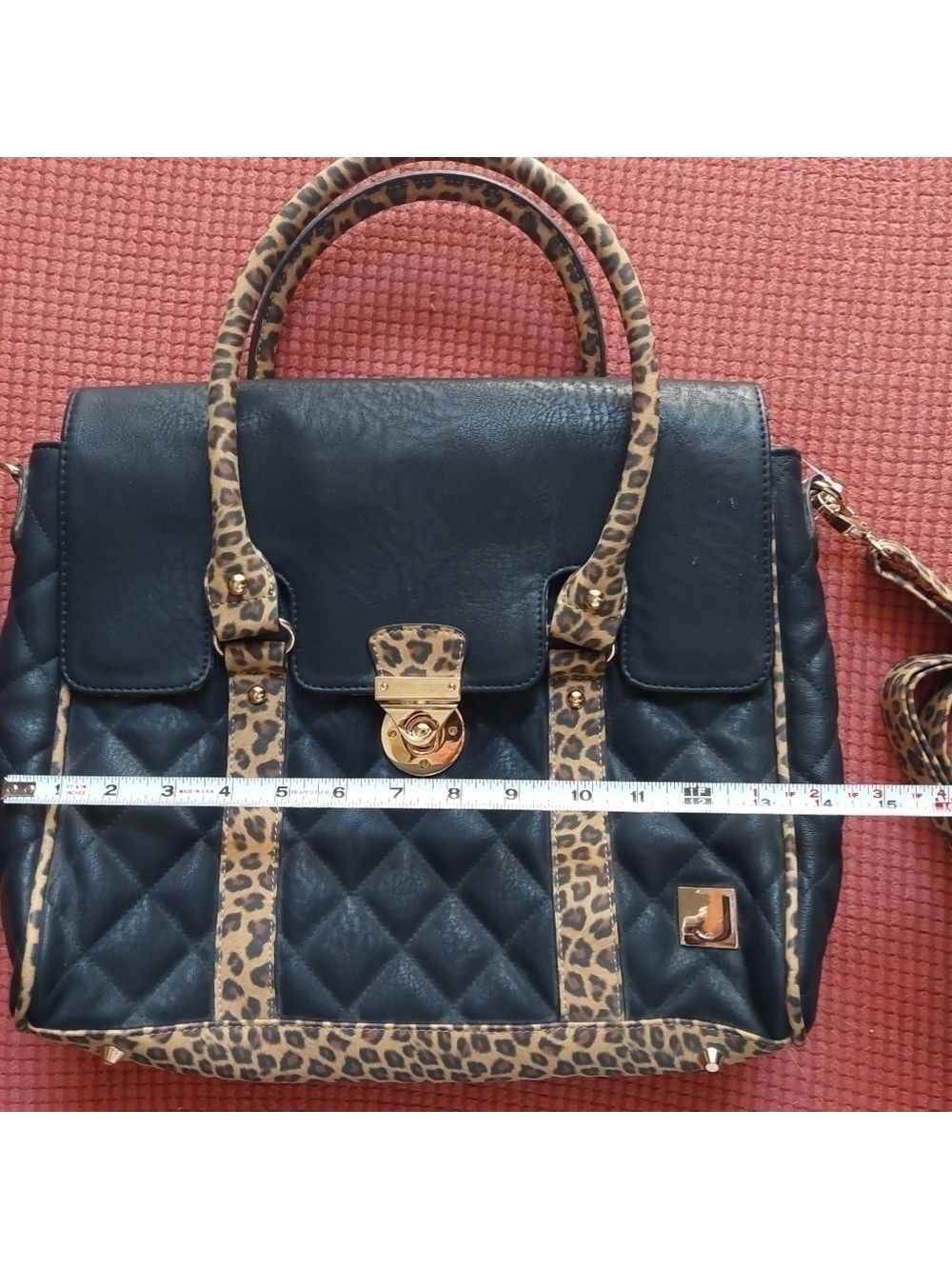 Joanel Quilted & Plain Black & Faux Leopard Trim Handbag (Large) - Picture 15 of 16
